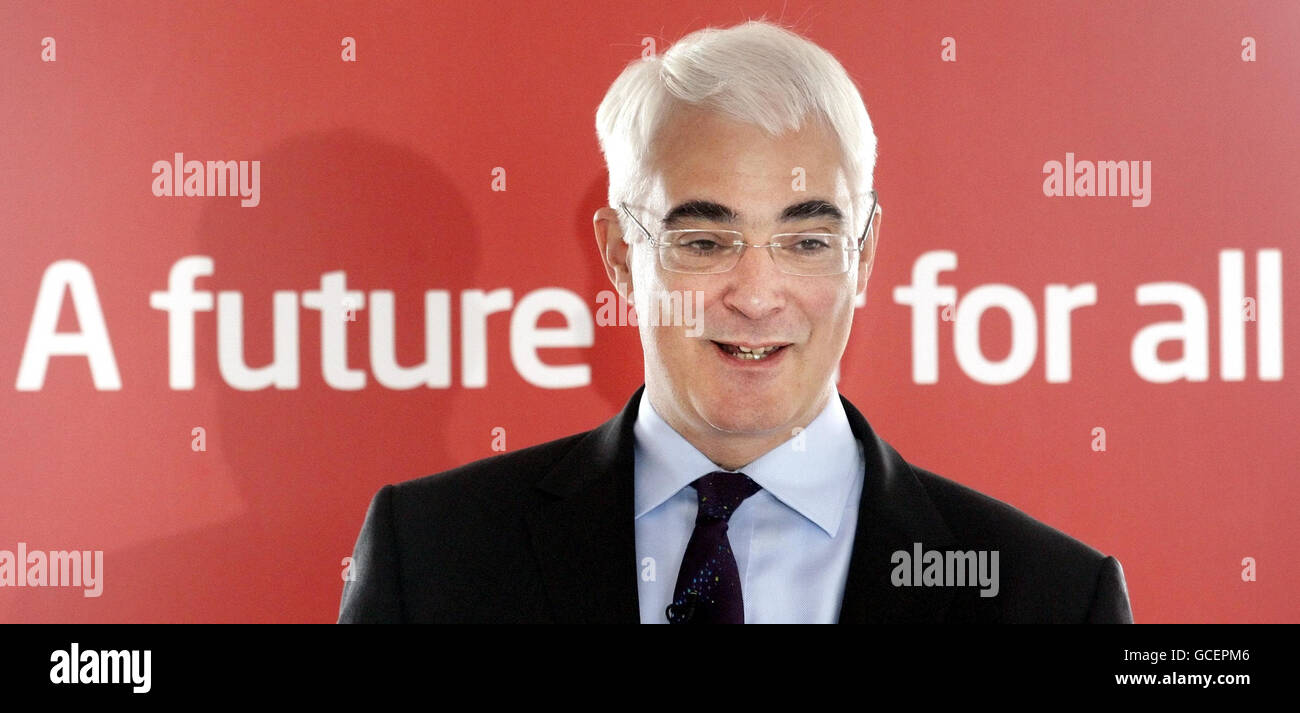 Chancellor Alistair Darling delivers a speech while on the campaign trail at the Point Hotel in Edinburgh. Stock Photo