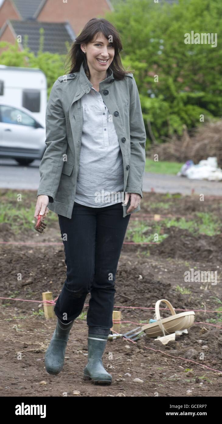 Samantha Cameron wearing wellington boots while visiting the Dobson Lane allotments outside