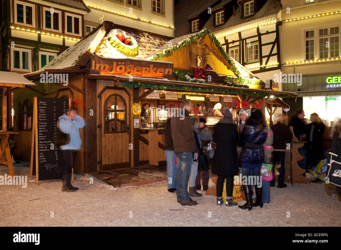 Stall selling mulled wine, Christmas market at the cathedral, Soest, Sauerland, North Rhine-Westphalia Stock Photo