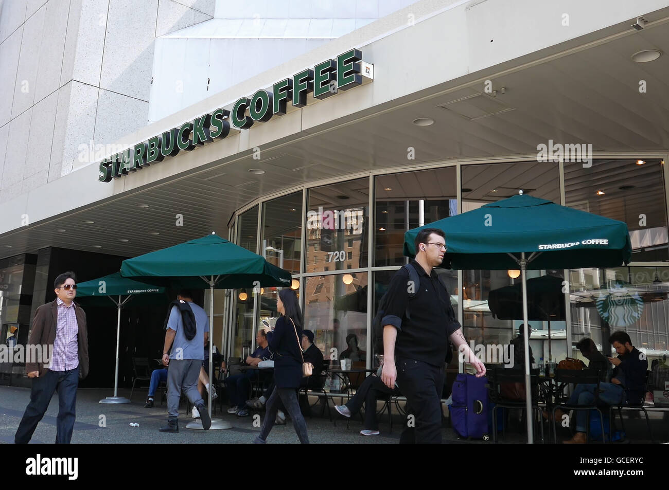 Vancouver, BC, Canada - April 22, 2016 : One side of Starbucks coffee on sunny day in downtown Vancouver Stock Photo