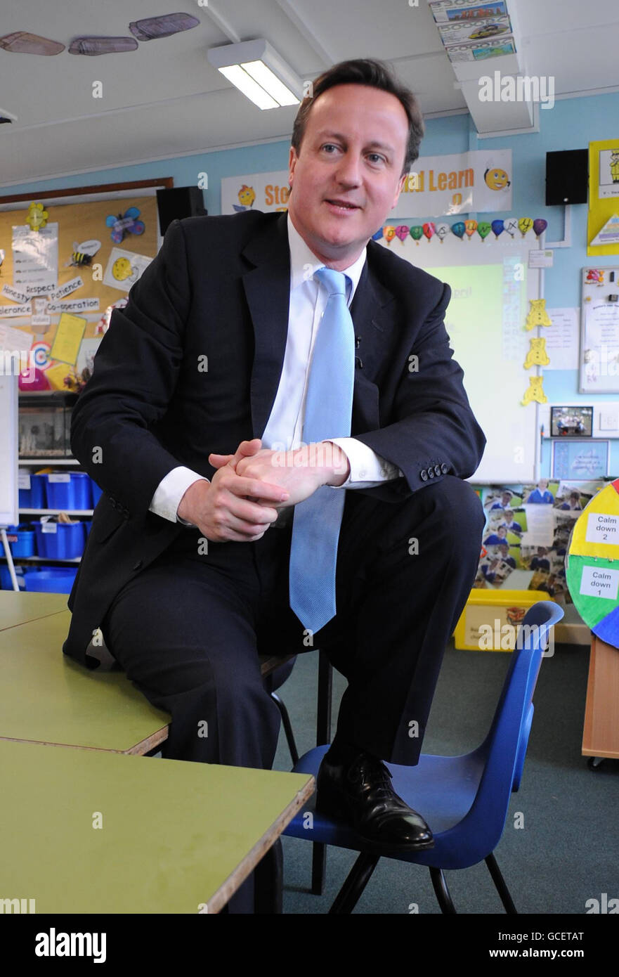 Conservative Party leader David Cameron meets pupils at Western Springs Community Primary School in Rugeley, Staffordshire. Stock Photo