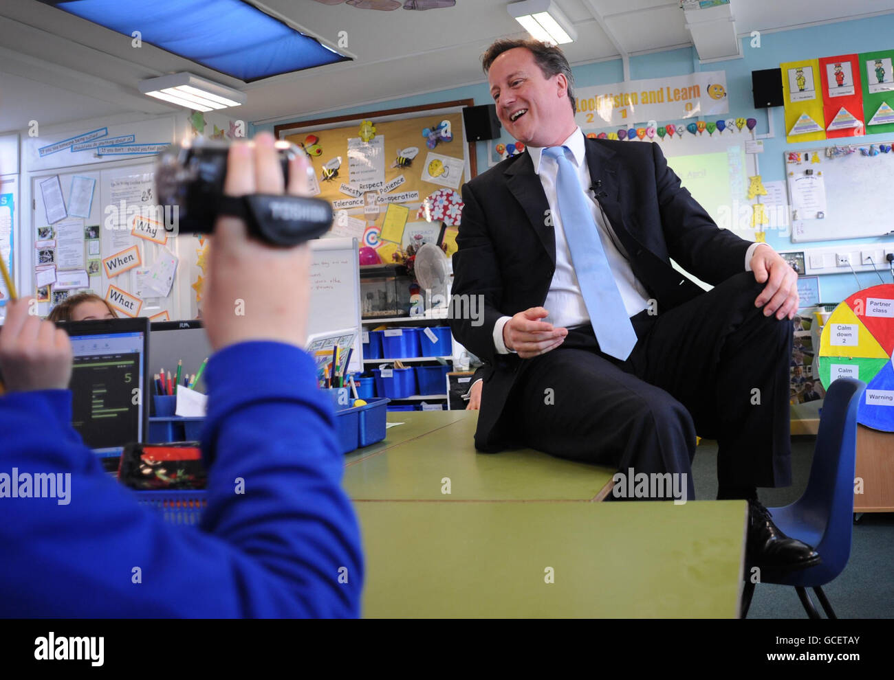 Conservative Party leader David Cameron meets pupils at Western Springs Community Primary School in Rugeley, Staffordshire. Stock Photo