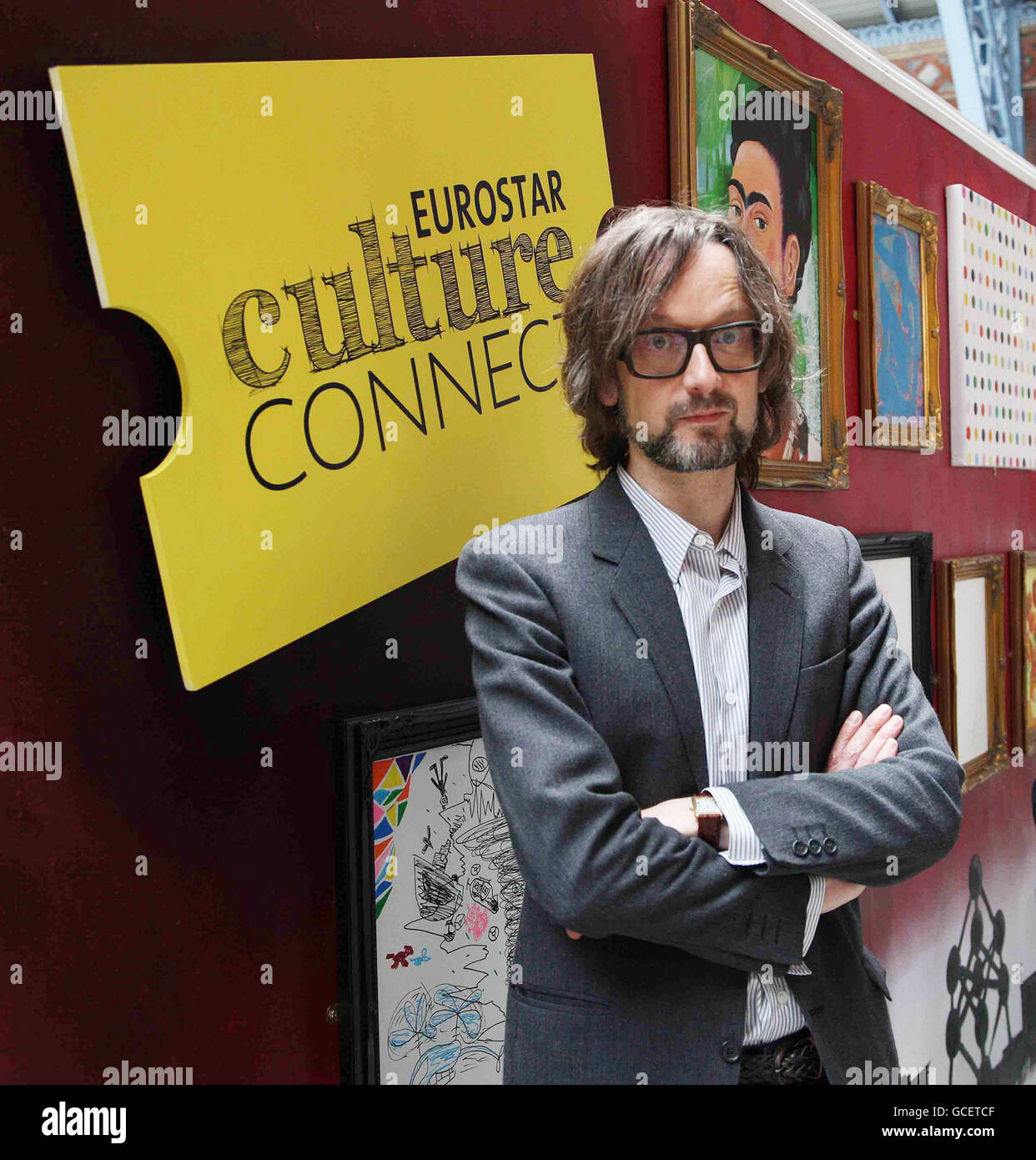 Musician Jarvis Cocker launches Eurostar's Culture Connect, a new initiative which is designed to encourage young people and families to visit the 15 art galleries and museums in London, Paris and Brussels that are in partnership with Eurostar, at London's St Pancras International station. Stock Photo
