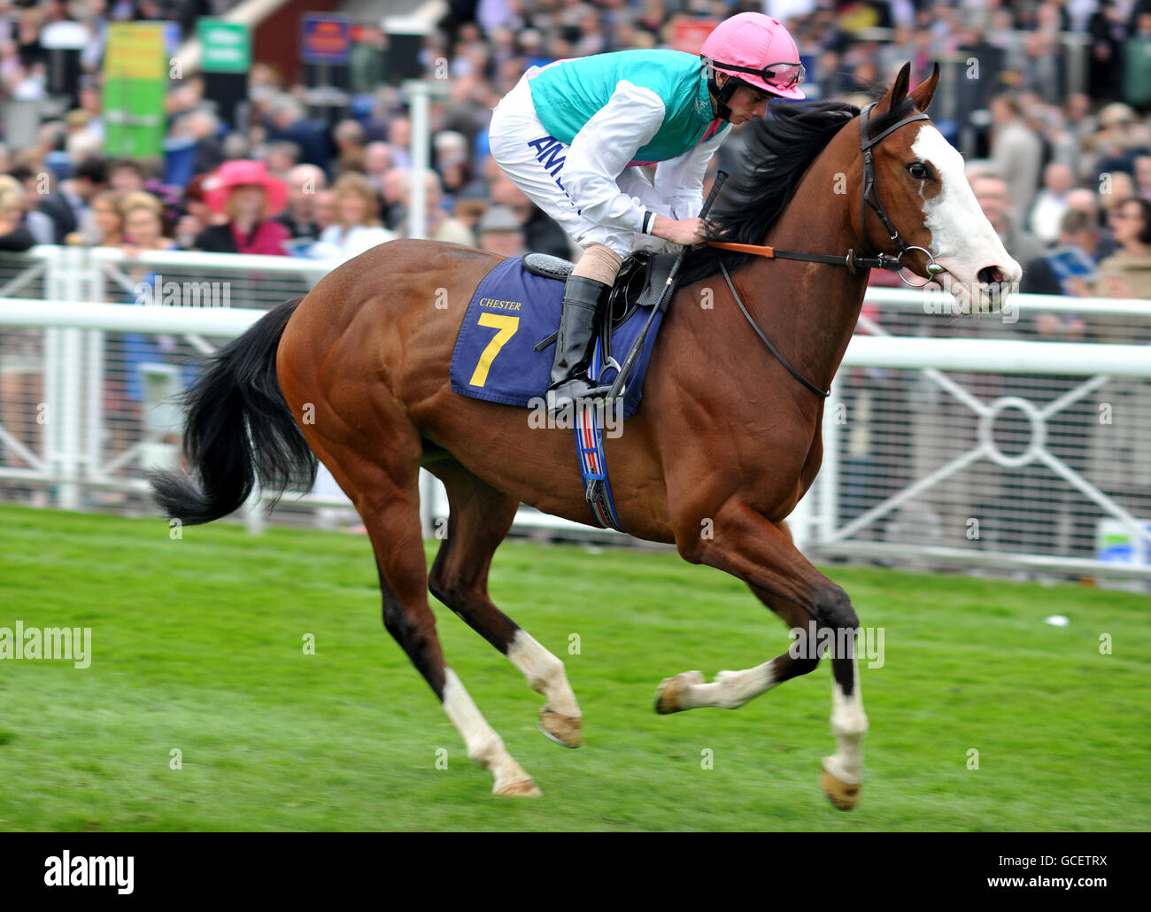 Horse Racing - May Festival - Boodles Ladies Day - Chester Racecourse. Rule of Nature ridden by Ryan Moore wins The Stellar Group Handicap Stakes Stock Photo