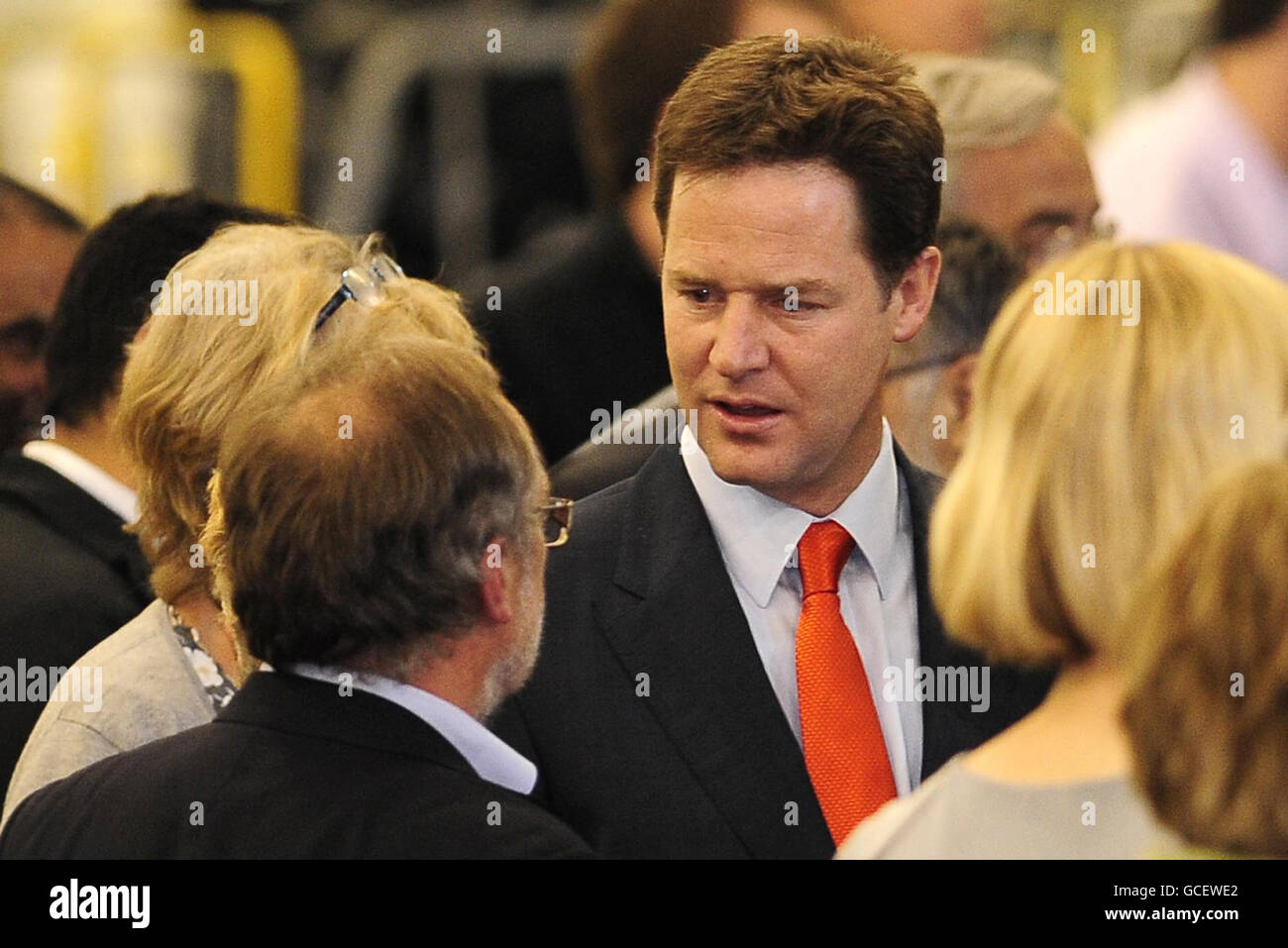 Liberal Democrat party leader Nick Clegg speaks to supporters as he awaits the results at Ponds Forge sports centre, Sheffield. Stock Photo