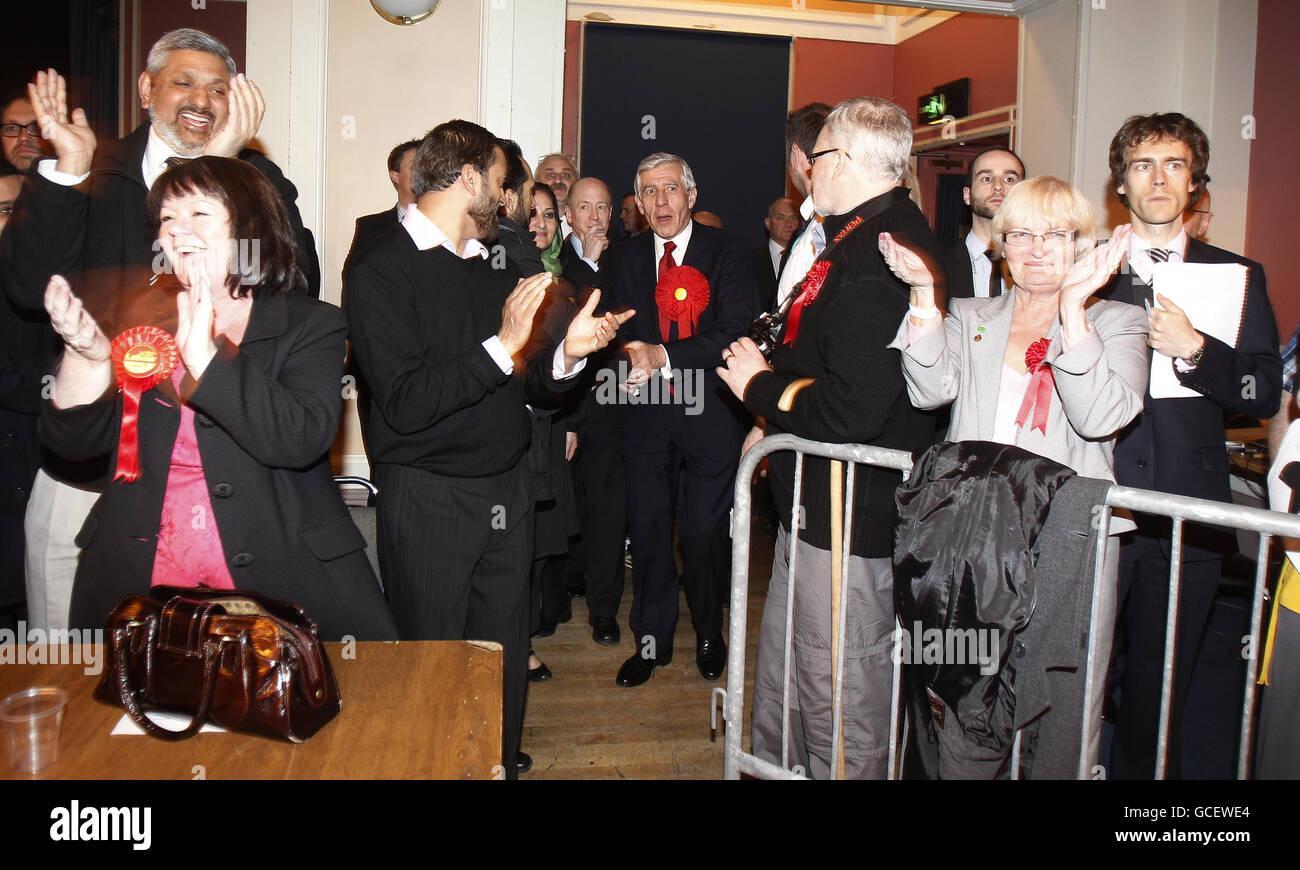Labour's Jack Straw celebrates his victory at the King Hall in