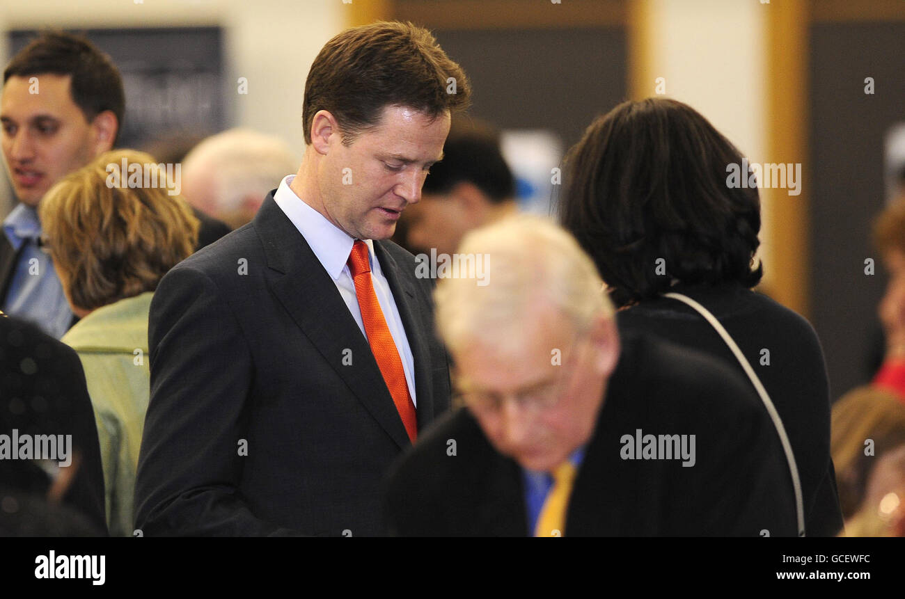Liberal Democrat party leader Nick Clegg and his wife Miriam Gonzalez Durantez at Ponds Forge sports centre, Sheffield. Stock Photo