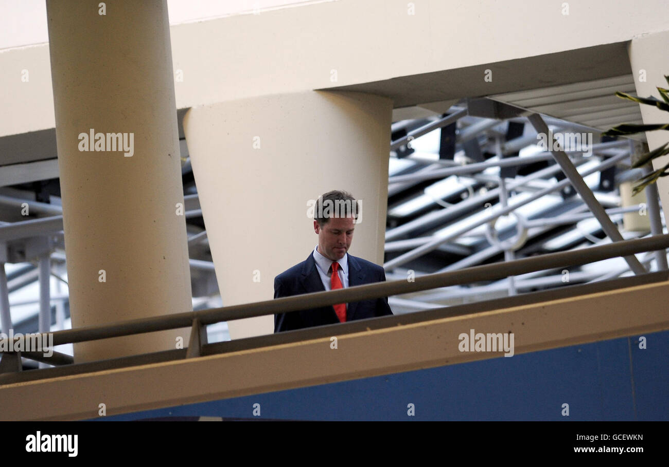 Liberal democrat Leader Nick Clegg in a private area at the Ponds Forge Leisure Centre in Sheffield, as the votes are counted in the 2010 General Election. Stock Photo