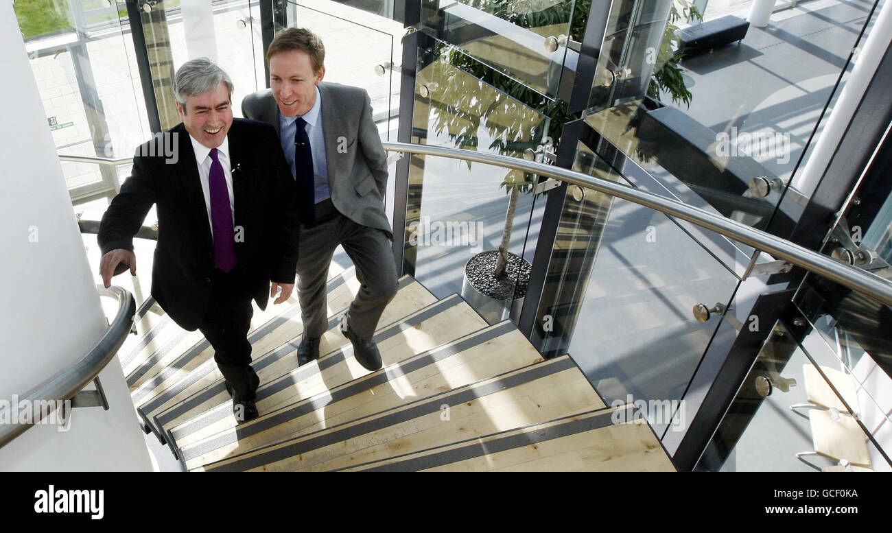 Scottish Secretary Jim Murphy (right) and Holyrood leader Iain Gray (left) arrive ahead of the launch of Labour's manifesto for Scottish voters at Motherwell College in Scotland. Stock Photo