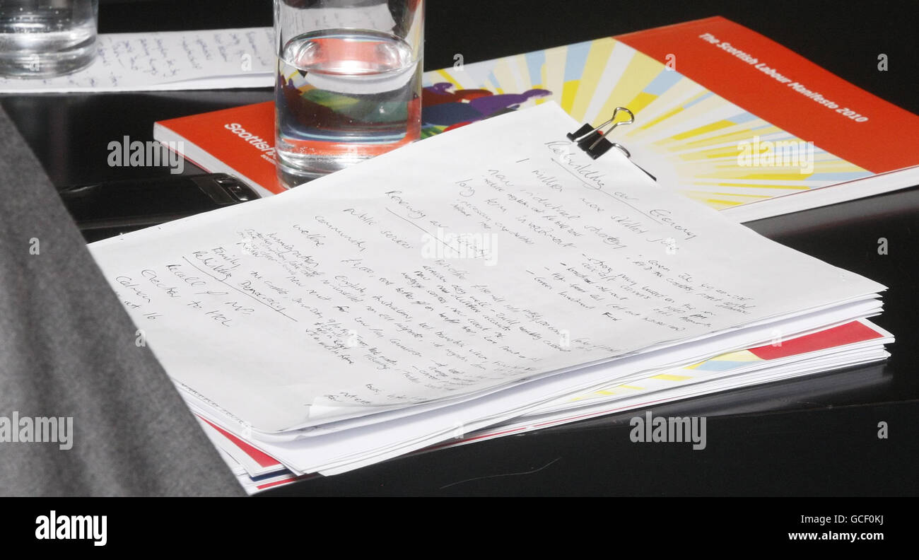 The notes of Scottish Secretary Jim Murphy during the launch of Labour's manifesto for Scottish voters at Motherwell College in Scotland. Stock Photo