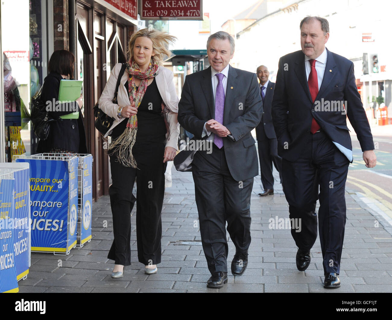 (from left) Plaid Cymru Director of Policy Nerys Evans AM, Elfyn Llwyd MP and Plaid Cymru Leader Ieuan Wyn Jones AM during a visit to the Coffee Lounge in Cardiff before the party unveiled its General Election manifesto. Stock Photo