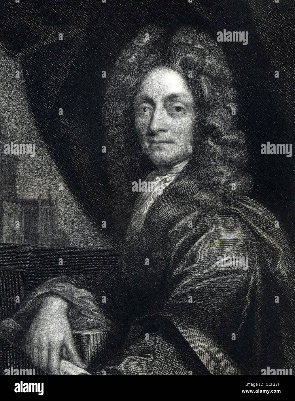CHRISTOPHER WREN (1632-1723) English architect. Steel engraving based oil  portrait by Godfrey Kneller in 1711 Stock Photo