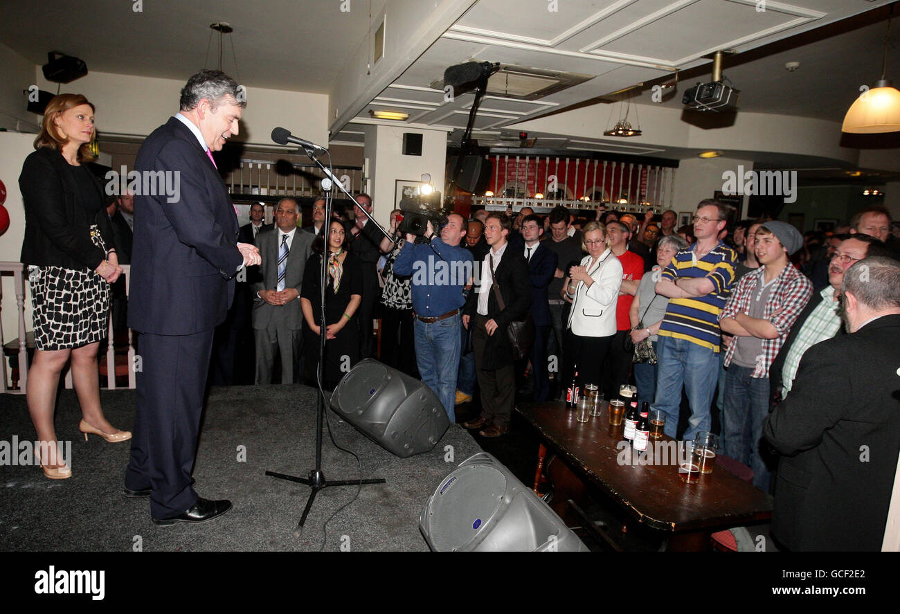 Prime Minister Gordon Brown speaks to Labour supporters as he arrives at the Kitty O'Shea pub in Manchester, following the live Election Debate between the party leaders. Stock Photo