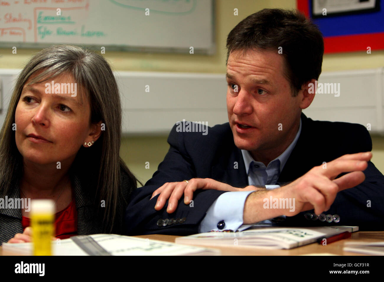 Liberal Democrat leader Nick Clegg and PPC for Warrington South Jo Crotty during a visit to Warrington Wolves Rugby Club in Warrington, Cheshire. Stock Photo
