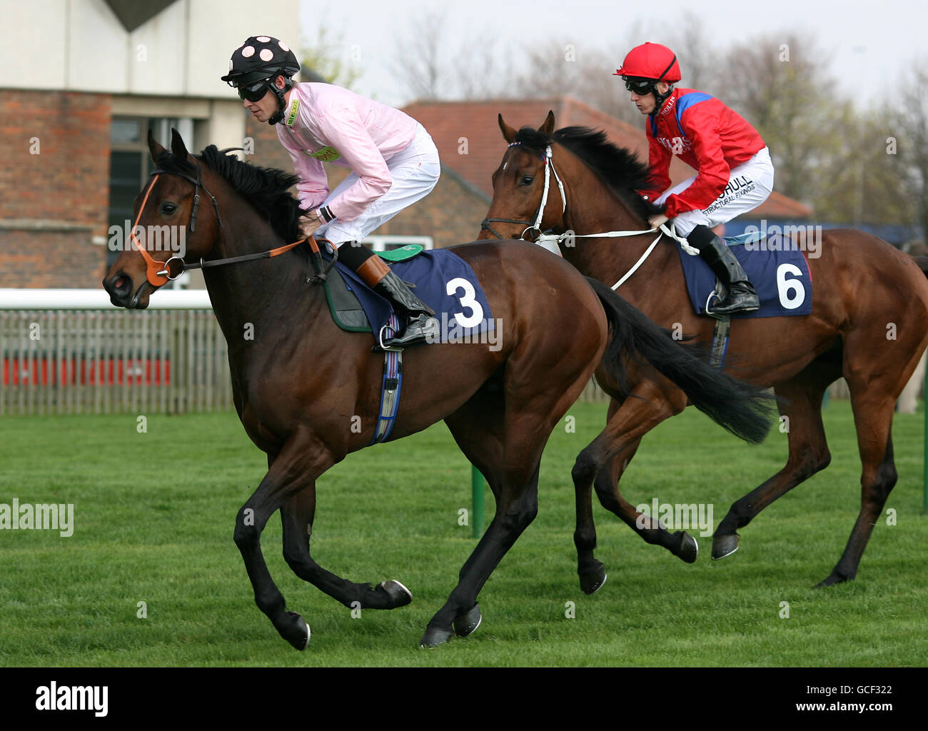 Count Of Anjou ridden by Richard Hughes (left) and Excellent Aim ridden by Shane Kelly during the Alex Scott Maiden Stakes Stock Photo