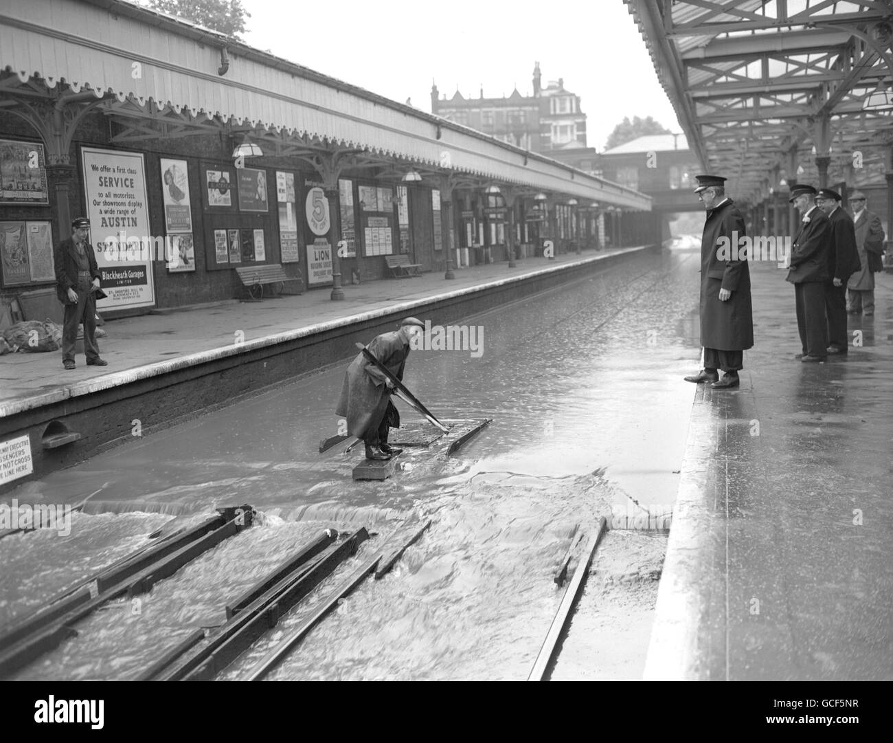 Heavy August rains flood Blackheath Station in London, causing trains to be diverted. Stock Photo