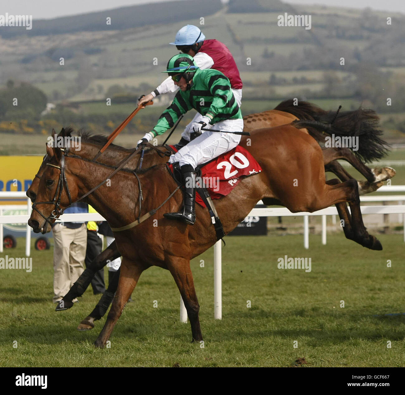 Palace Merano ridden by Davy Condon jumps the last to win the Stephens Green Hibernian club Handicap steeplechase during the Punchestown Festival at Punchestown Racecourse, Dublin, Ireland. Stock Photo