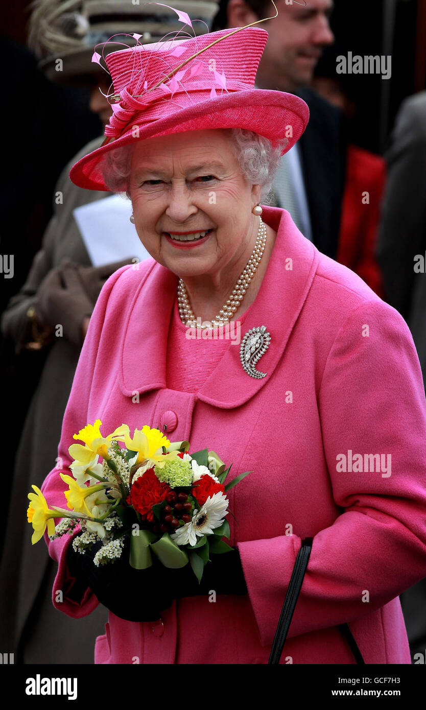 Queen Elizabeth II during a visit to Caernarfon Castle in north Wales, the castle where Prince Charles became the Prince of Wales. Stock Photo