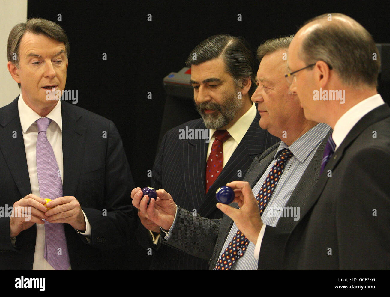 (Left to right) Business Secretary Lord Mandelson, Liberal Democrat Shadow Business Secretary John Thurso, Conservative Shadow Business Secretary Ken Clarke and Scottish National Party Business Secretary John Swinney draw lots to determine their order of appearance at a recording of BBC2's Election Daily Politics Debate, at Millbank Studios, in Westminster, London. Stock Photo