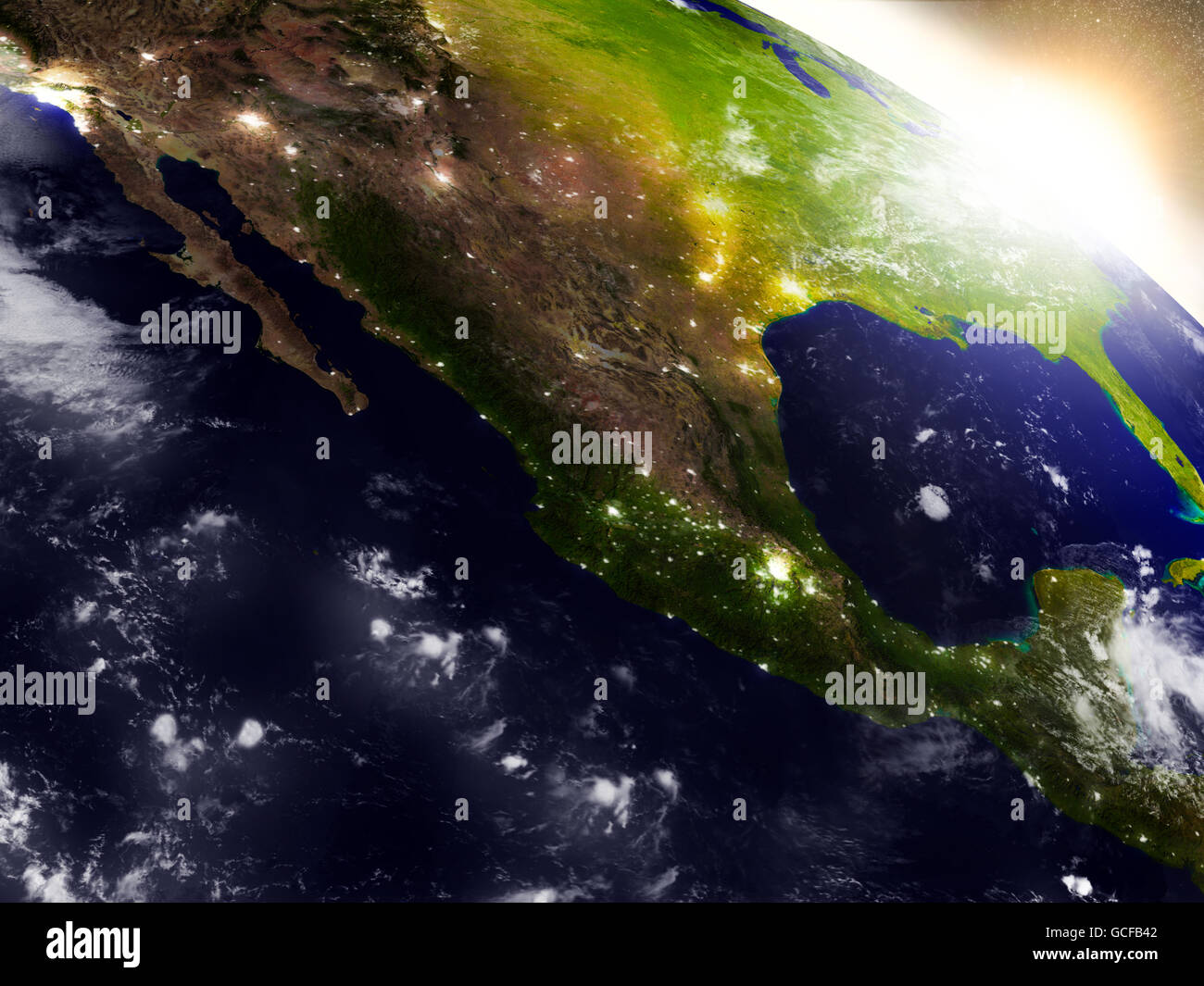 Mexico region from Earth's orbit in space during sunrise. 3D illustration with highly detailed realistic planet surface. Element Stock Photo