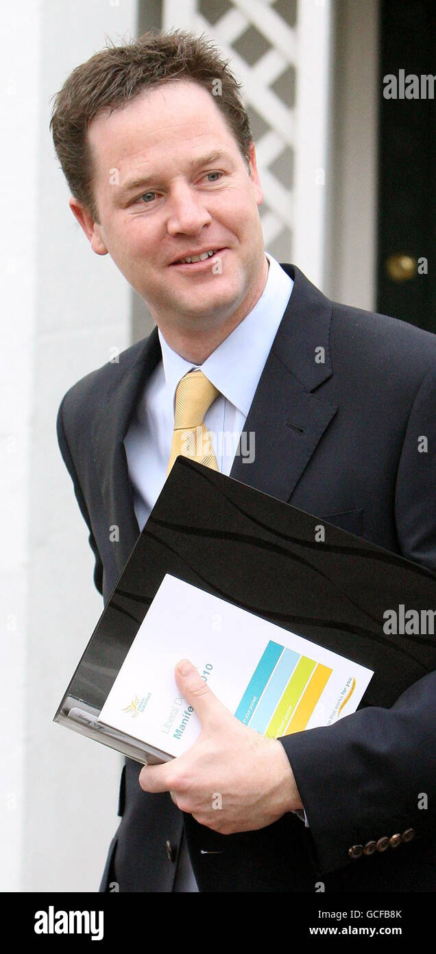 Liberal Democrat leader Nick Clegg leaves his home in Putney, south west London, ahead of the launch of the Liberal Democrat election manifesto today in London. Stock Photo