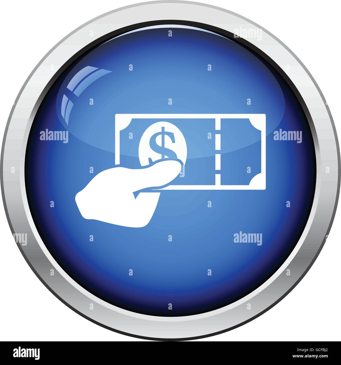 Hand holding money icon. Glossy button design. Vector illustration ...