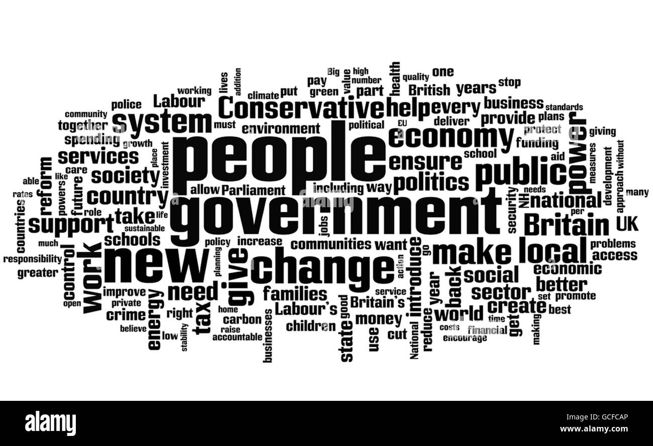 The Conservative Party manifesto as seen through the internet tool wordle.net. The use of words in the three main manifestos offers an insight into the political lexicon parties hope will influence voters. Stock Photo