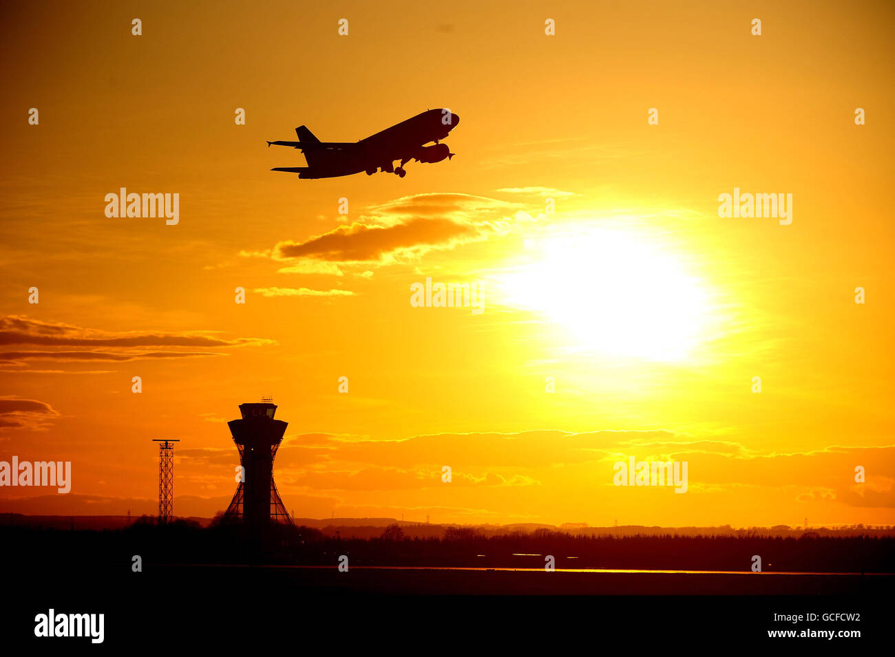 A plane leaves Newcastle Airport tonight as travellers stranded abroad by the volcanic ash cloud returned to the UK in a trickle rather than a flood as recriminations flew about the Government's handling of the crisis. Stock Photo