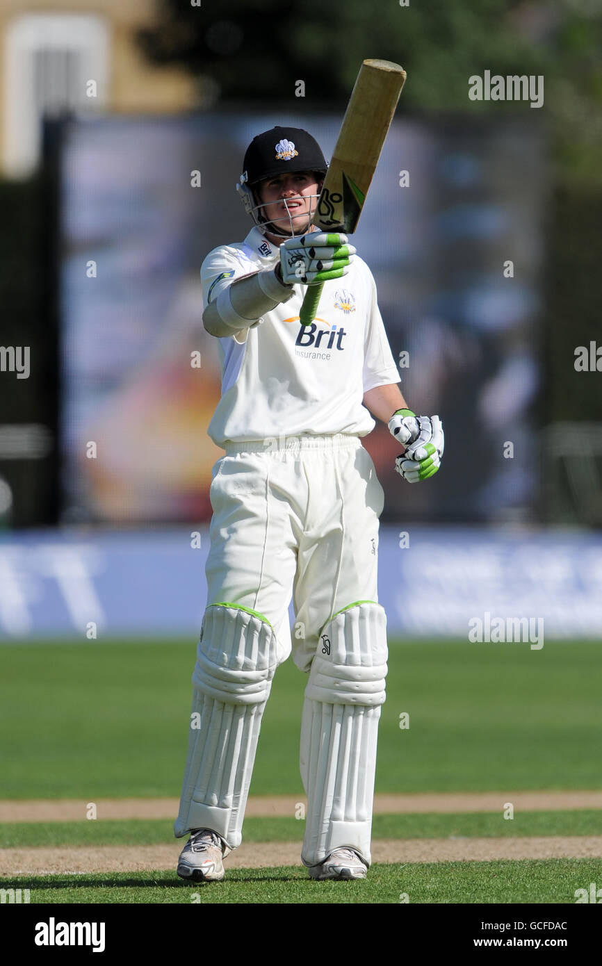 Surrey's Steven Davies points to the pavilion in celebration after reaching his 50 against Worcestershire Stock Photo