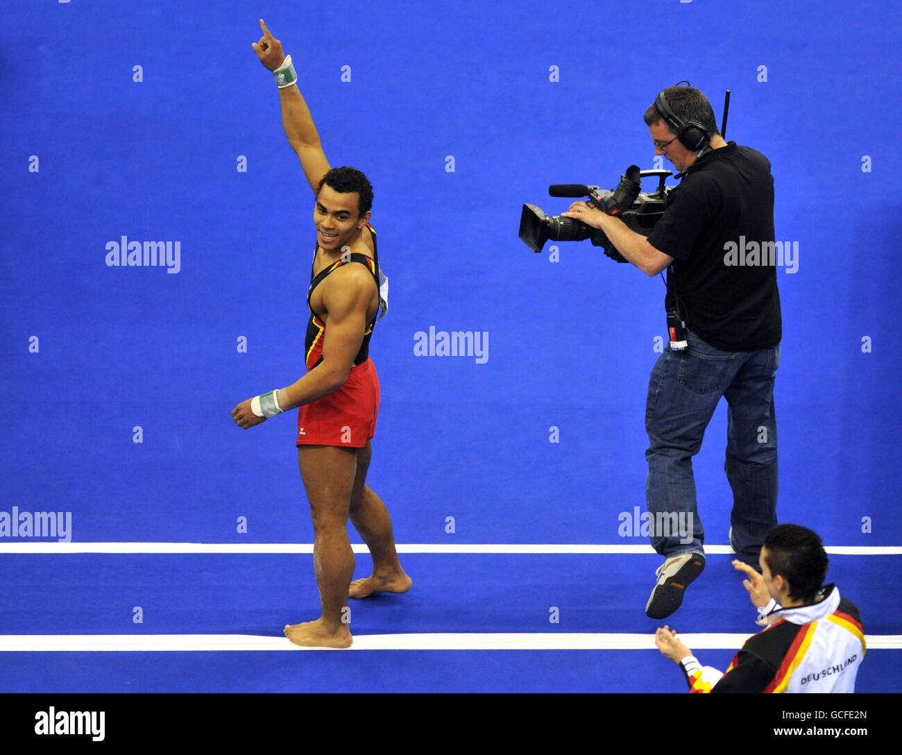 Germany's Matthias Fahrig celebrates winning gold on the floor during the Individual Apparatus Final during the European Artistic Championships at the NIA, Birmingham. Stock Photo