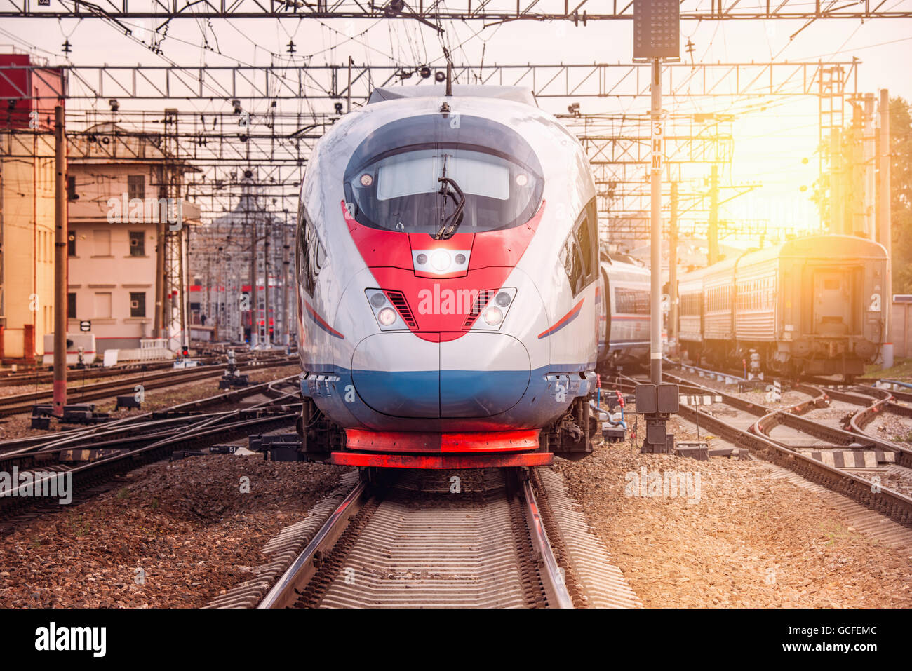 Modern high-speed train departs from Moscow. Russia. Stock Photo