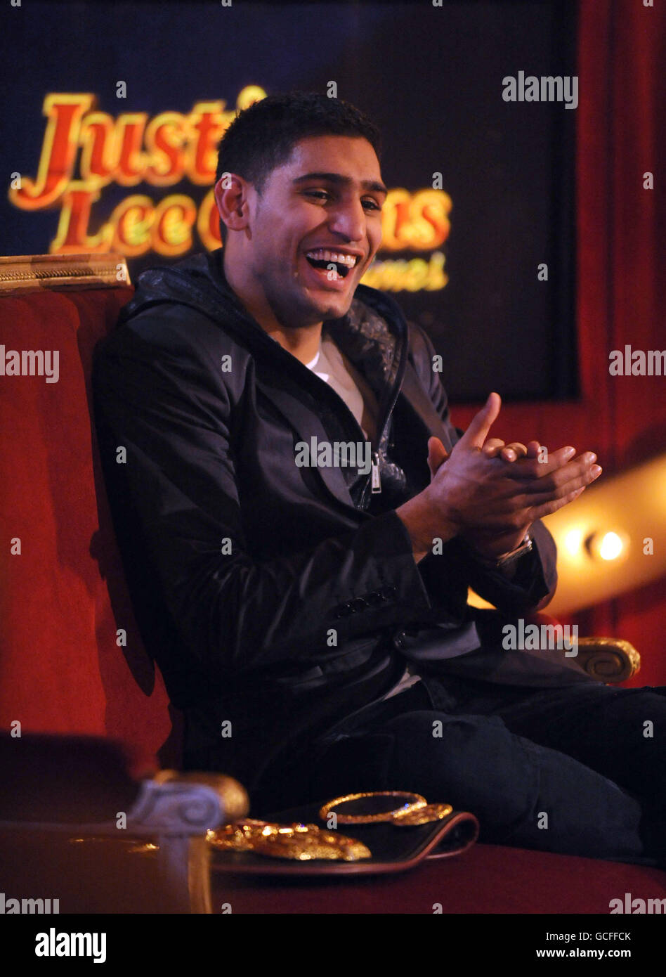 Guest Amir Khan during filming of Channel 5 chat show Justin Lee Collins: Good Times, at The Rivoli Ballroom in Brockley, South London. Stock Photo