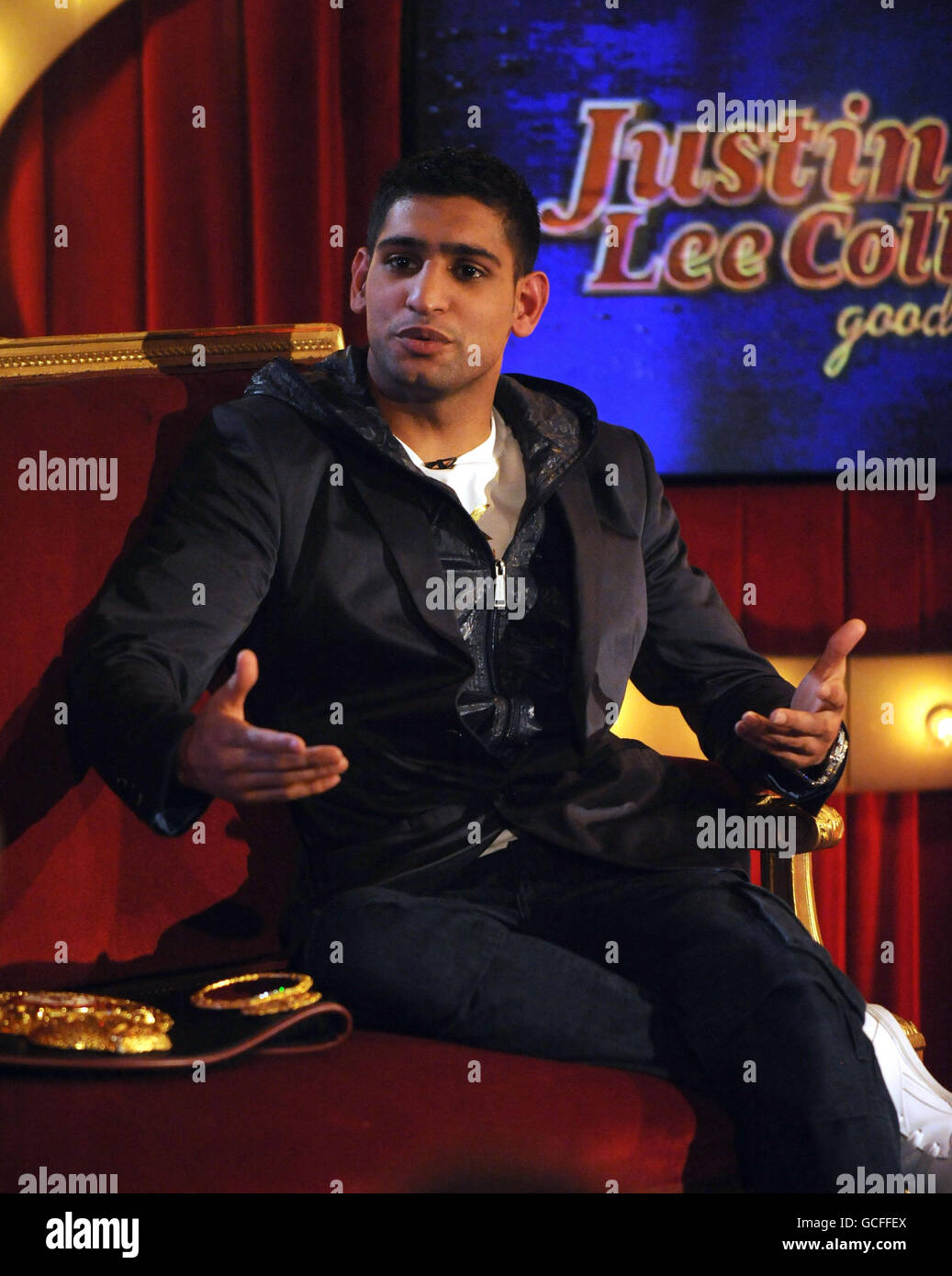 Guest Amir Khan during filming of Channel 5 chat show Justin Lee Collins: Good Times, at The Rivoli Ballroom in Brockley, South London. Stock Photo