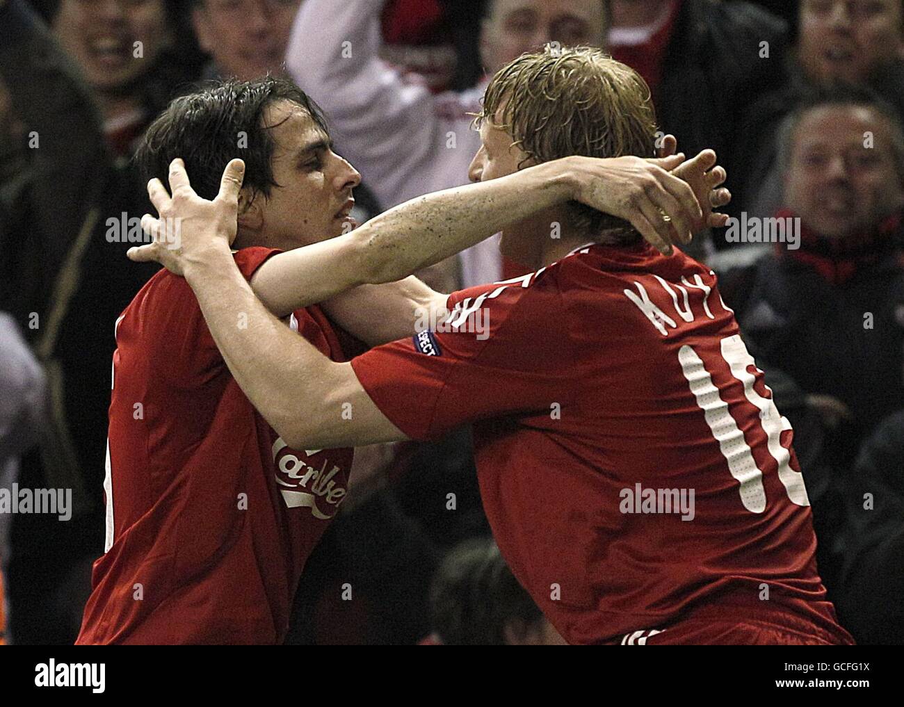 Soccer - UEFA Europa League - Semi Final - Second Leg - Liverpool v Atletico Madrid - Anfield. Liverpool's Yossi Benayoun (left) celebrates with teammate Dirk Kuyt (right) after scoring his sides second goal Stock Photo