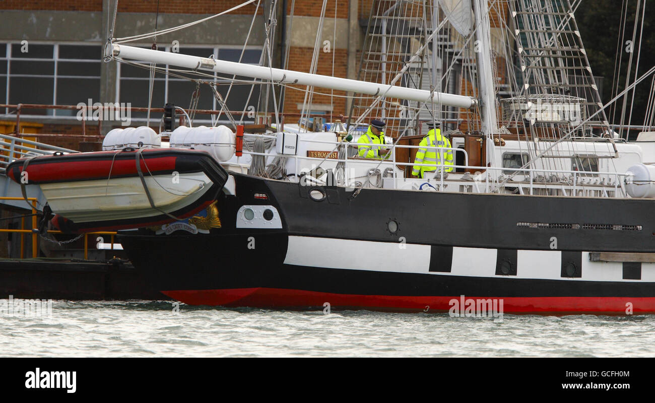 Two police officers onboard the Training Ship Royalist alongside in Gosport after a cadet fell overboard from the ship yesterday evening and died. Stock Photo