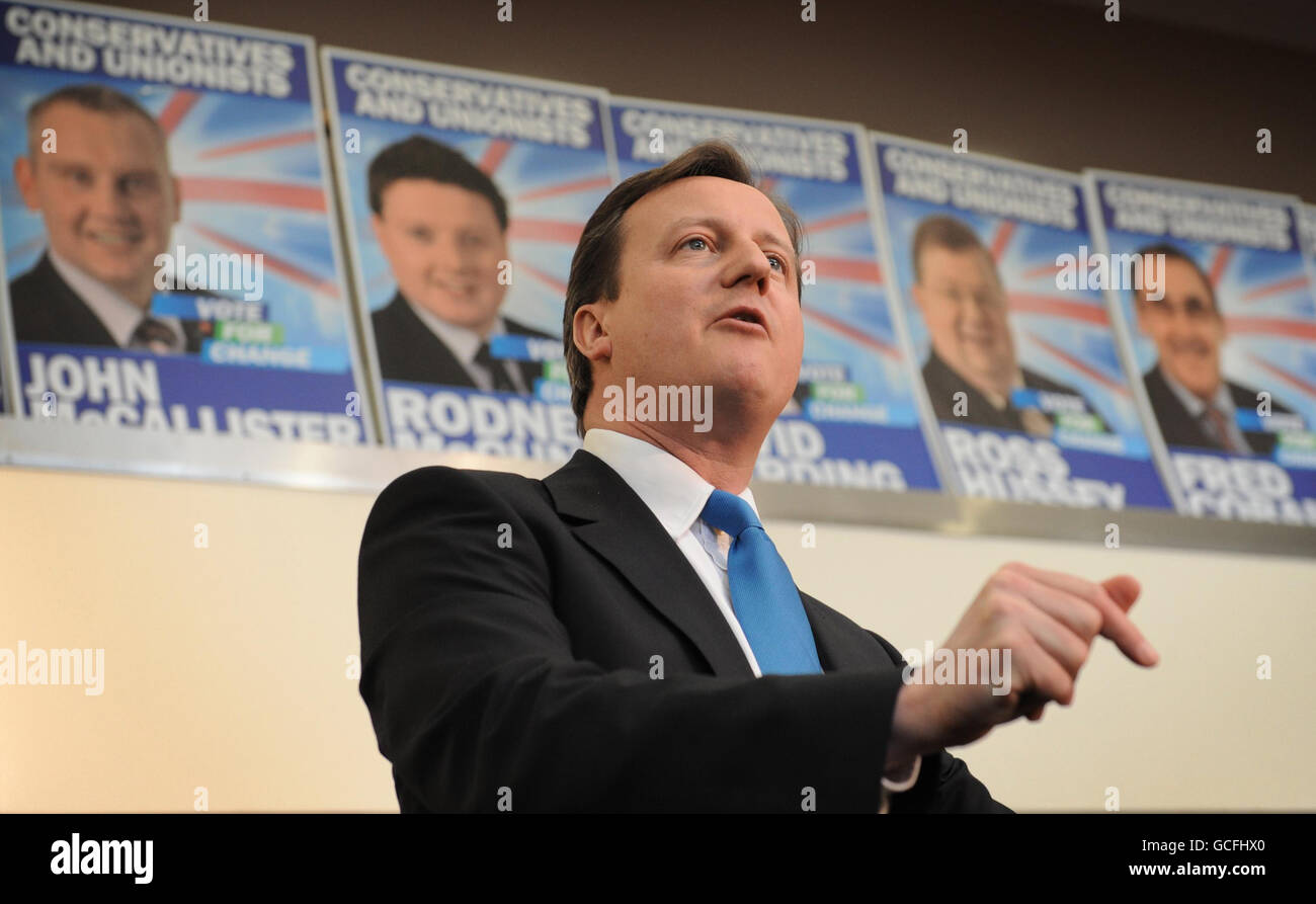 Conservative Party leader David Cameron speaks to Unionist supporters at the La Mon Hotel in Belfast during a visit to Northern Ireland on the General Election campaign trail. Stock Photo