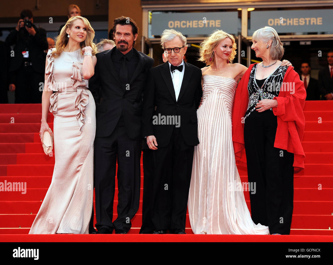 (Left to right) Lucy Punch, Josh Brolin, Woody Allen, Naomi Watts and Gemma Jones arrive for the premiere of You Will Meet A Tall Dark Stranger, at the 63rd Cannes Film Festival, France. Stock Photo