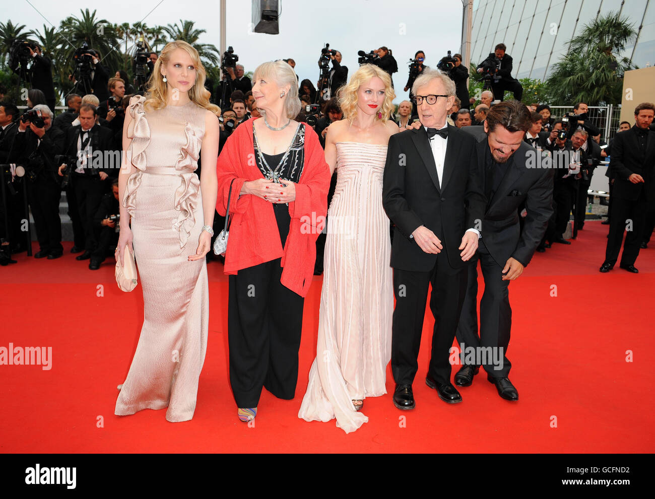 (Left to right) Lucy Punch, Gemma Jones, Naomi Watts, Woody Allen and Josh Brolin arrive for the premiere of You Will Meet A Tall Dark Stranger, at the 63rd Cannes Film Festival, France. Stock Photo