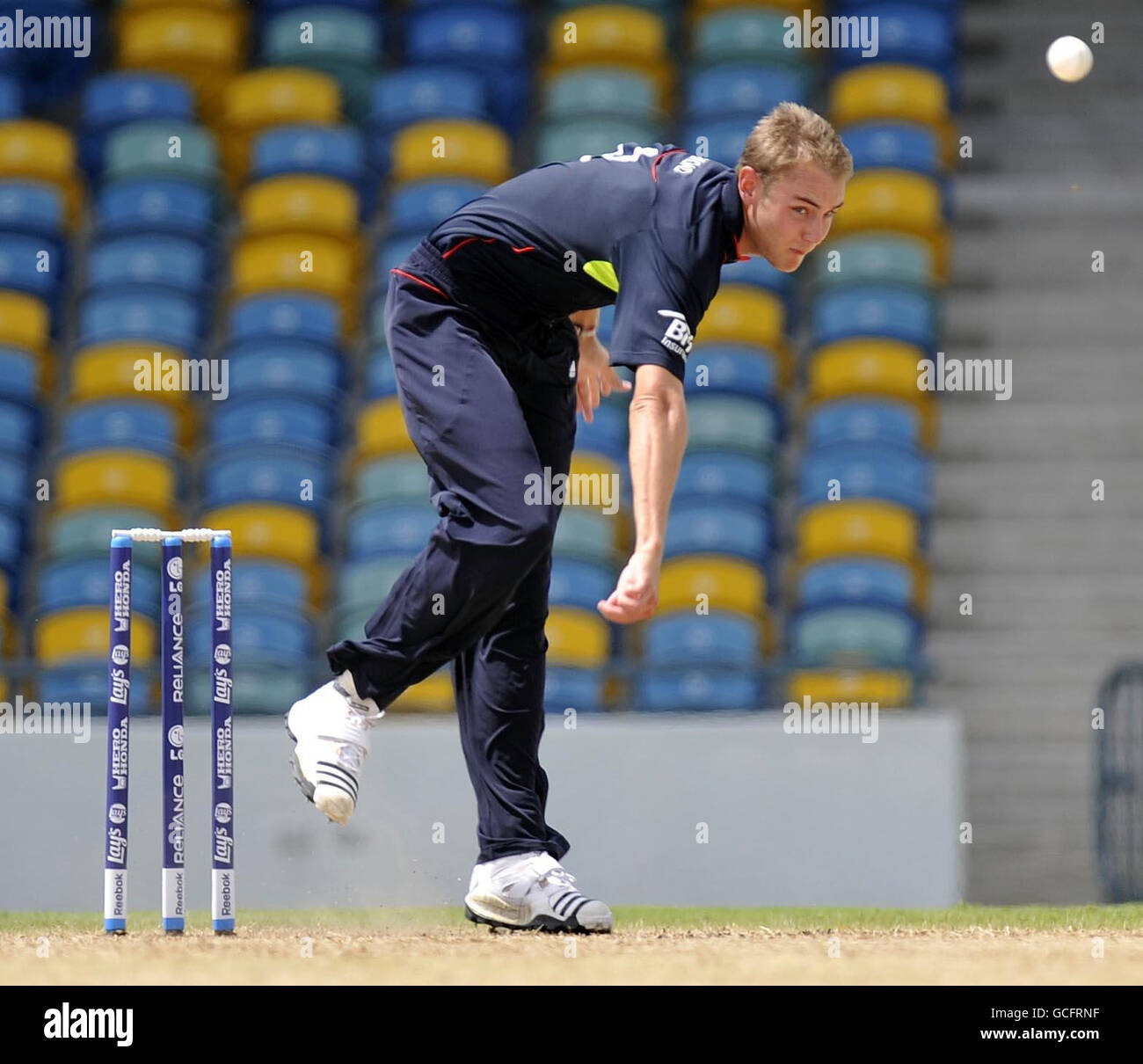 England's Stuart Broad in action during the ICC T20 Warm Up Match at the Kensington Oval, Bridgetown, Barbados. Stock Photo