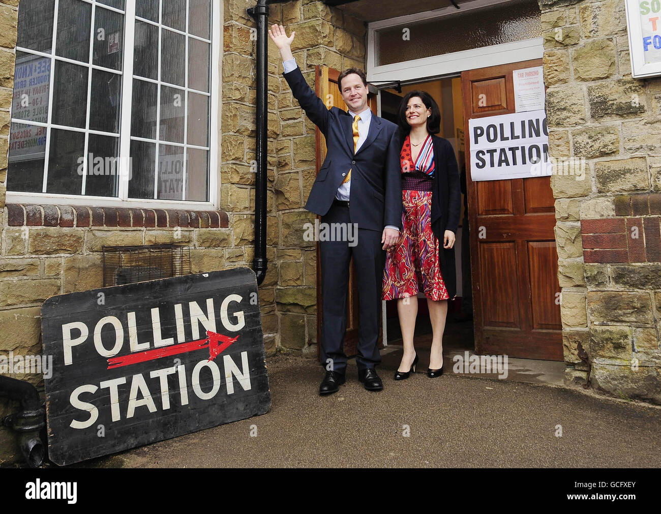 LibDem leader Nick Clegg and his wife, Miriam, outside the Bents Green Methodist Church Hall in his Sheffield constituency after they cast their votes in the UK General Election. Stock Photo