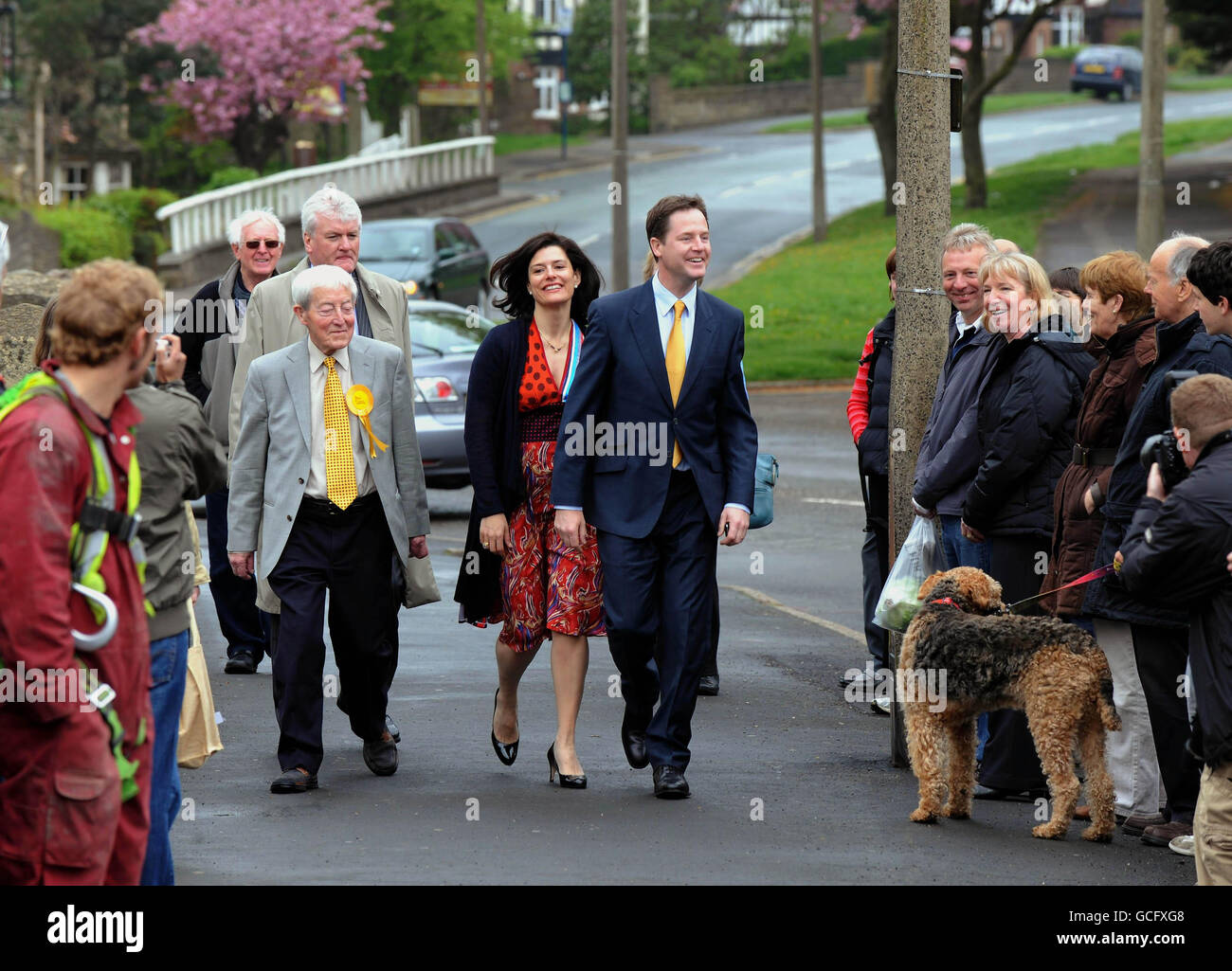 LibDem leader Nick Clegg and his wife, Miriam, walk to the Bents Green Methodist Church Hall in his Sheffield constituency where they cast their votes in the UK General Election. Stock Photo