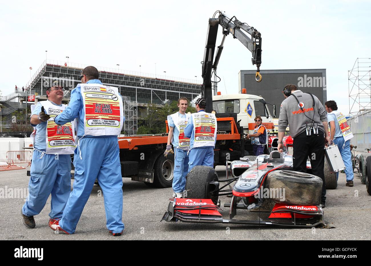 General view of Lewis Hamilton of McLaren's car after his crash towards the end of the Spanish Grand Prix Stock Photo