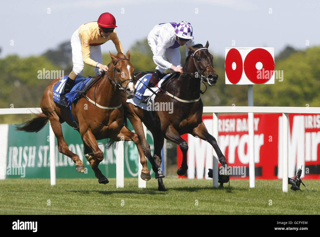 Troas Ridden by Fran Berry (left) wins the Join The Tote Go Racing Club Maiden during the Derrinstown Derby Trial Day at Leopardstown Racecourse, Leopardstown. Stock Photo