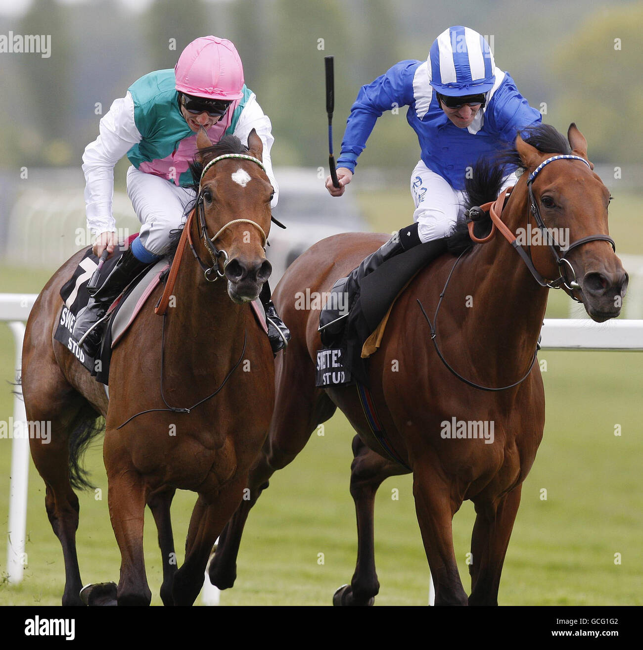 Principal Role and jockey Eddie Ahern (left) go on to win the Swettenham Stud Fillies' Trial Stakes at Newbury Racecourse. Stock Photo