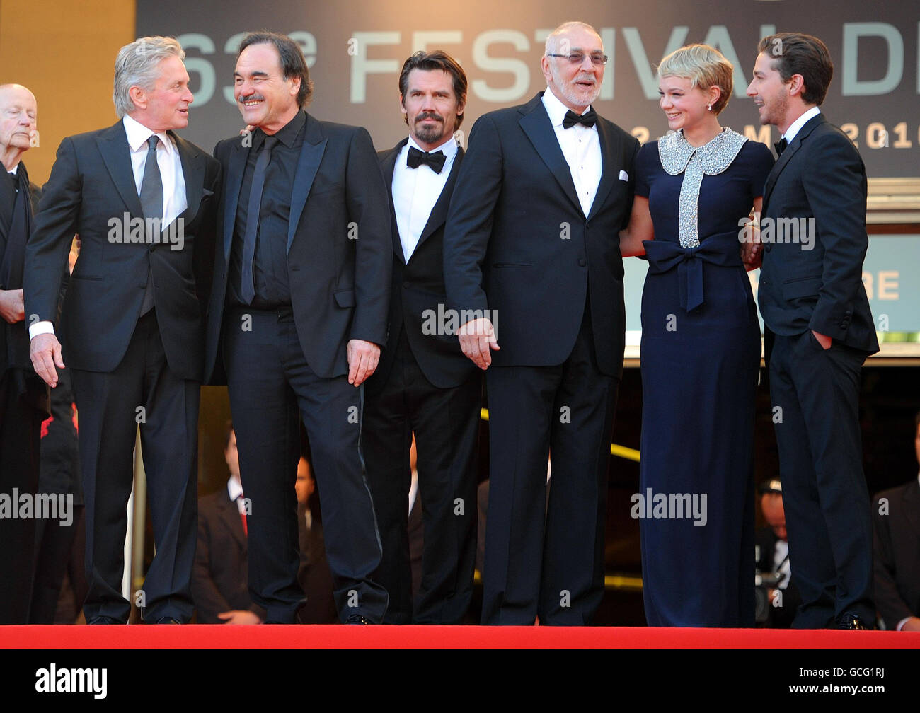 (From the left) Michael Douglas, Oliver Stone, Josh Brolin, Frank Langella, Carey Mulligan and Shia LaBeouf arrive for the screening of Wall Street: Money Never Sleeps at the Grand Auditorium Lumiere during the Cannes Film Festival, France. Stock Photo