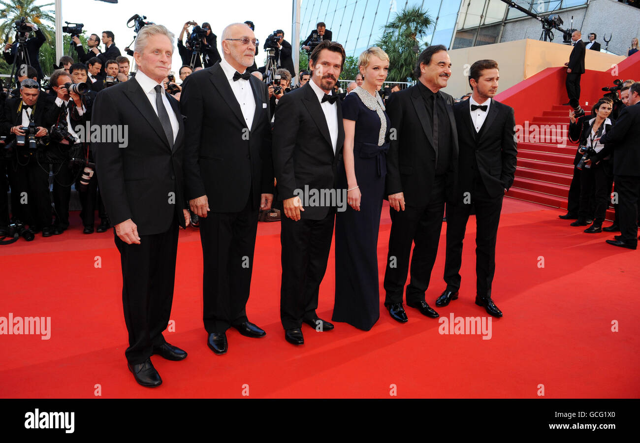 (From the left) Michael Douglas, Frank Langella, Josh Brolin, Carey Mulligan, Oliver Stone and Shia LaBeouf arrive for the screening of Wall Street: Money Never Sleeps at the Grand Auditorium Lumiere during the Cannes Film Festival, France. Stock Photo