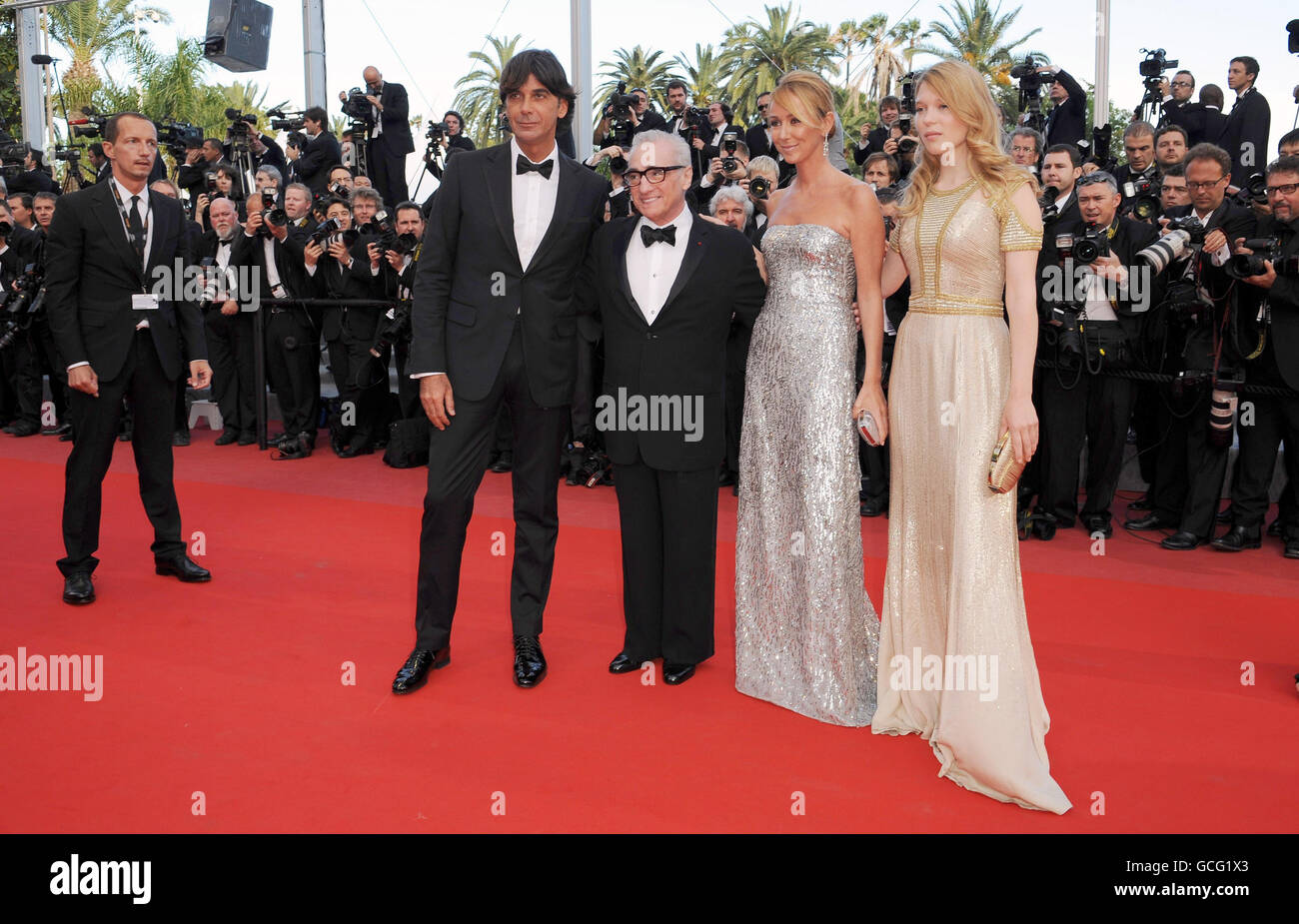 Martin Scorcese and wife Helen Morris arrive with actress Lea Seydoux (right) for the screening of Wall Street: Money Never Sleeps at the Grand Auditorium Lumiere during the Cannes Film Festival, France. Stock Photo