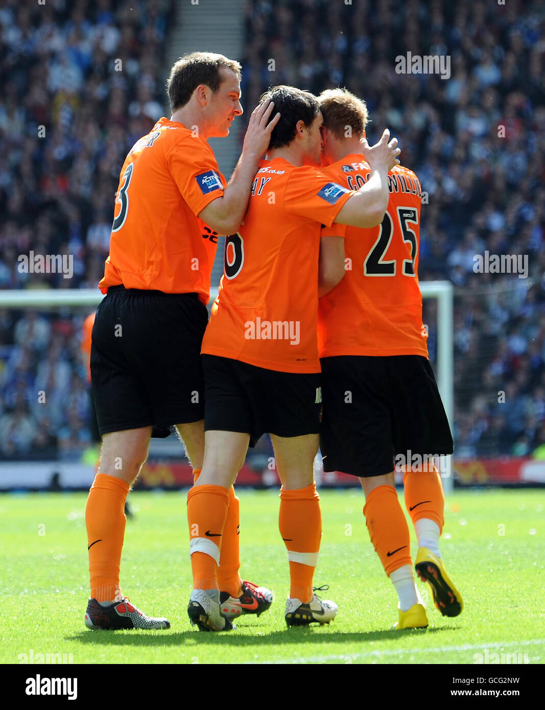 Dundee United's David Goodwillie (right) celebrates with teammates after scoring their first goal of the game during the Active Nation Scottish Cup Final at Hampden Park, Glasgow. Stock Photo