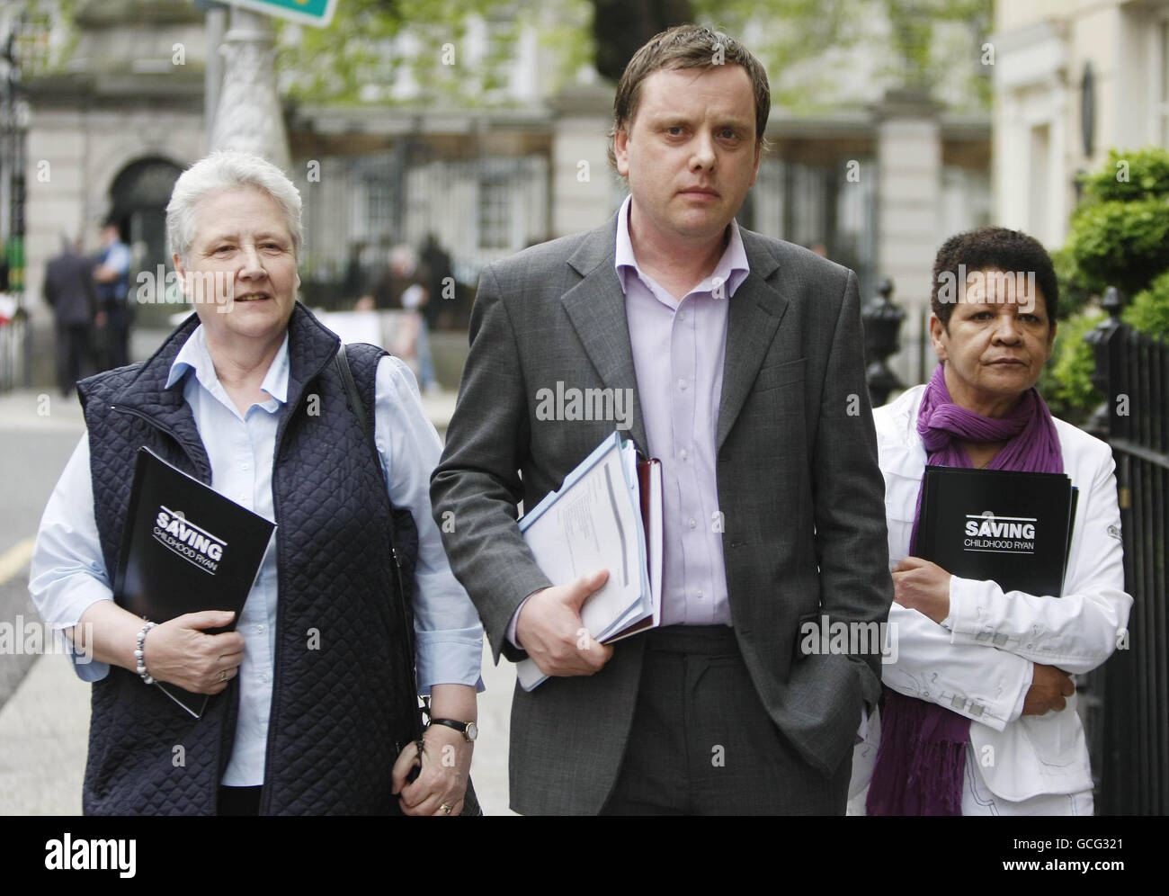 (from left) Clerical abuse survivors Marie Collins, Andrew Madden and Christine Buckley arrive at Buswells hotel in Dublin for the launch of Saving Childhood Ryan, a joint campaign by eight child protection organisations on the first anniversary of the Ryan report examining Government action to implement its 99 recommendations. Stock Photo