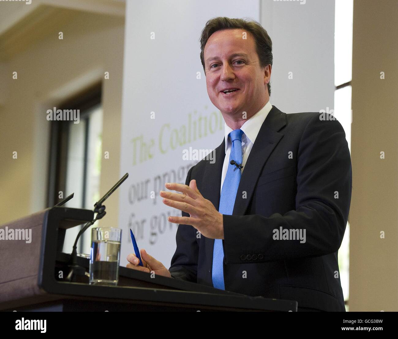 Prime Minister David Cameron speaks during the launch of the Government Programme Coalition Agreement document, at the Treasury in central London. Stock Photo